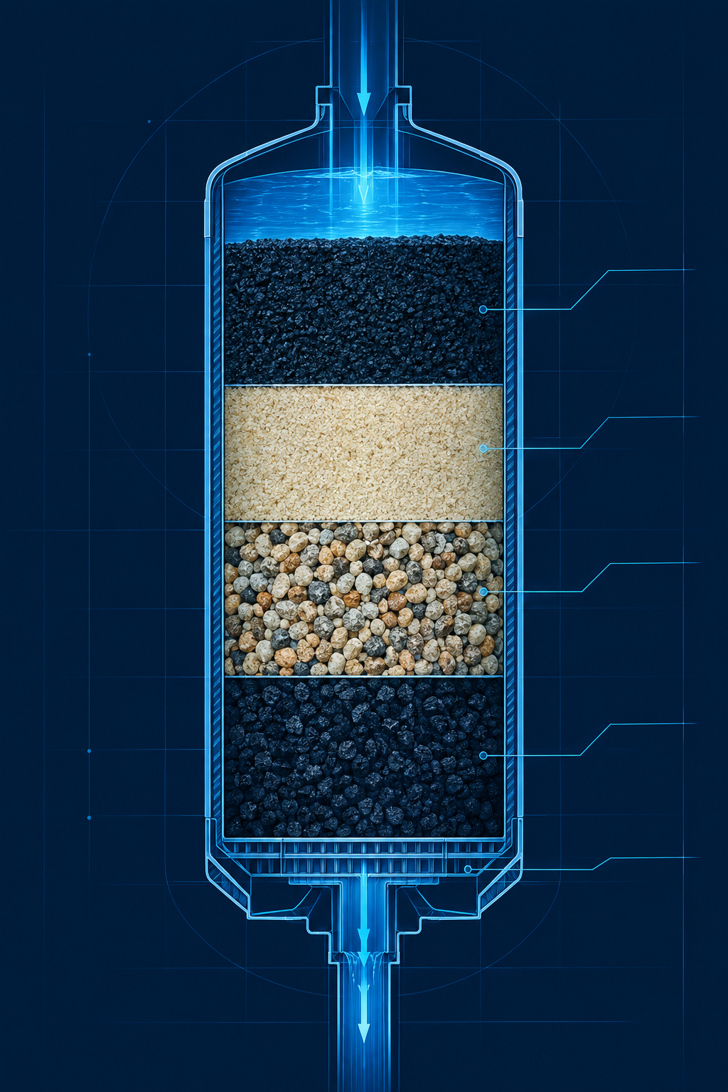 Cross-section illustration of layered water filtration media