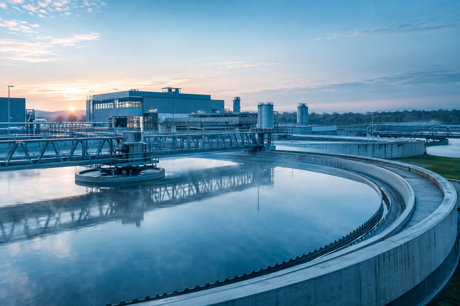 Aerial view of a modern water treatment facility at dawn